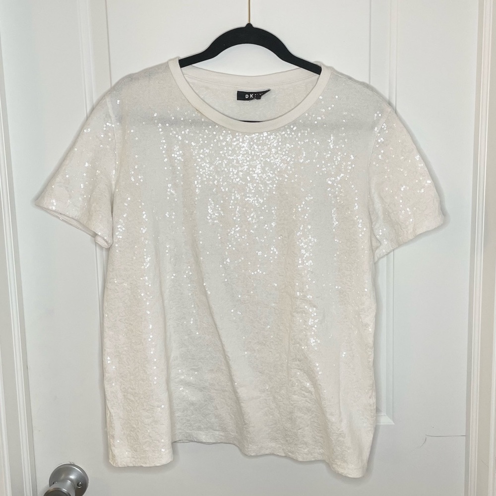 DKNY womens size XL white, sequin embellished crew neck short sleeve blouse top